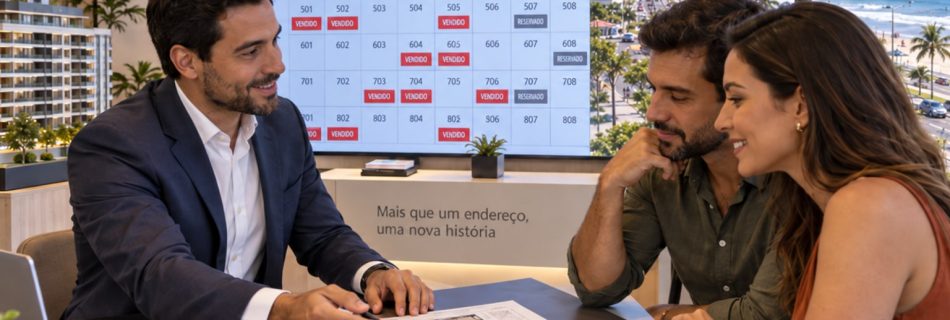 Corretor apresenta o espelho de vendas de um lançamento a um casal em estande com vista para a praia